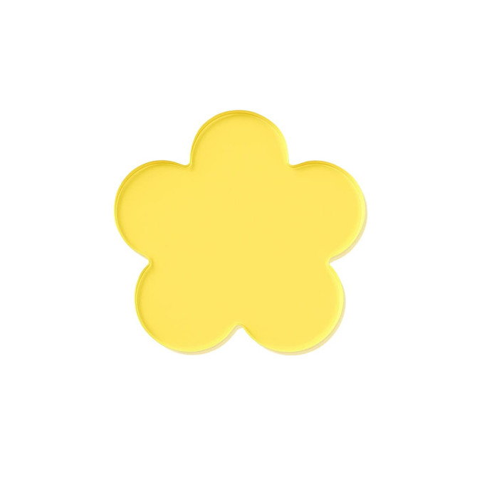 A floral-shaped custom tinted acrylic coaster in bright yellow, featuring a smooth surface and rounded edges.