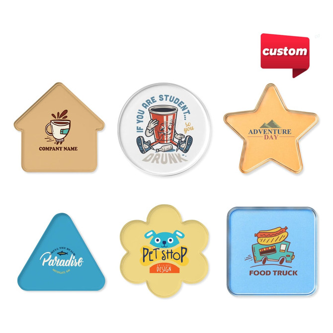 A variety of custom clear acrylic coasters in different shapes and colours, featuring logos and designs.