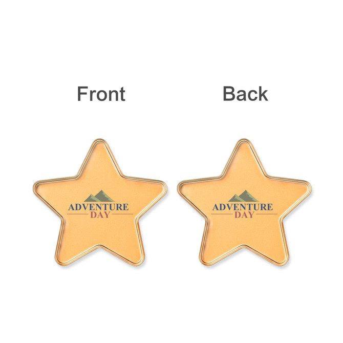 A star-shaped coaster in gold with a logo. The front displays text, while the back is plain.