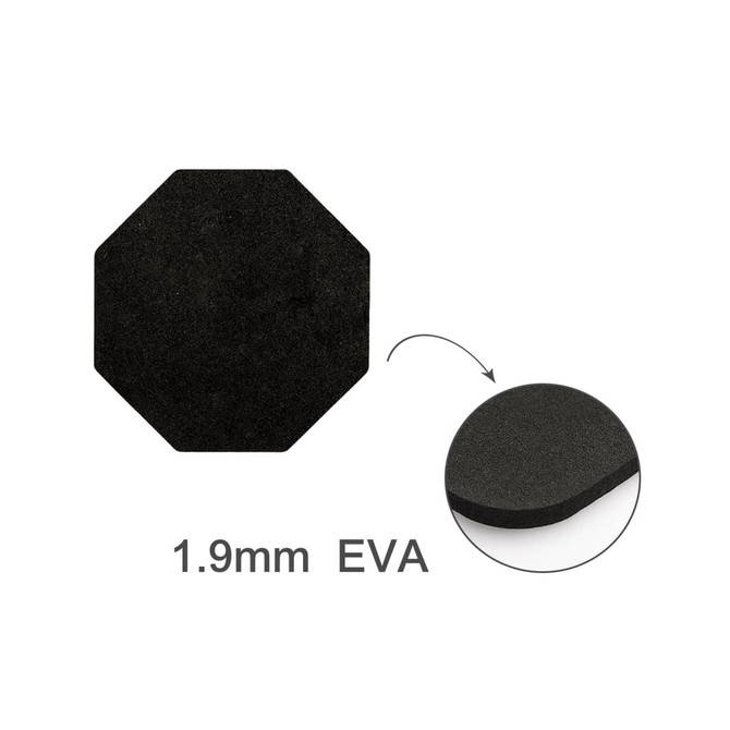 An octagonal black coaster made of 1.9mm EVA material, featuring a smooth surface and rounded edges.