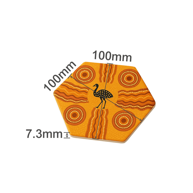 A hexagon ceramic coaster in vibrant orange with patterns and a black bird design, measuring 100mm in width.