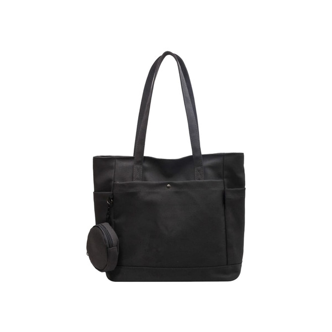 A black casual canvas bag with long handles and a small detachable pouch on the side.