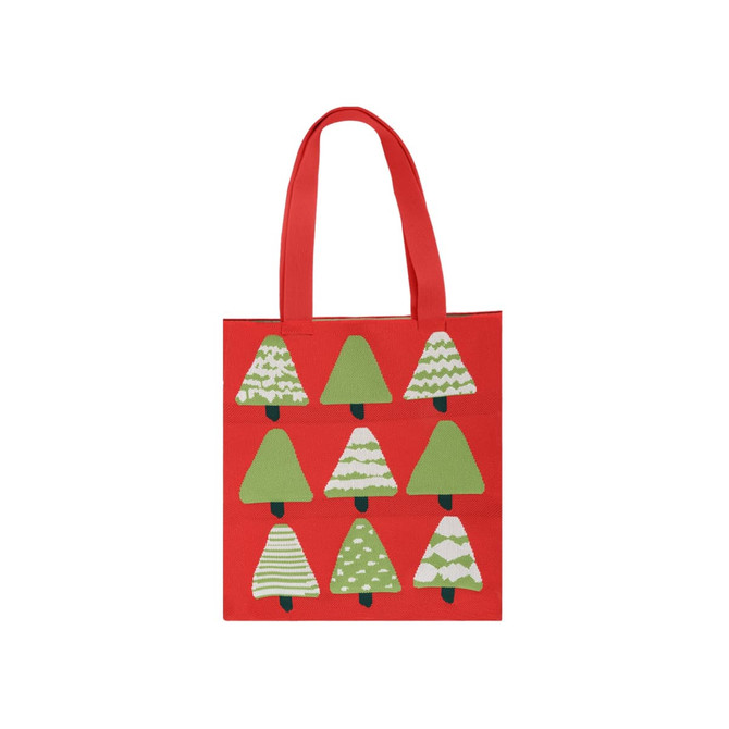 A red knitted flat tote bag featuring green tree designs in various patterns. It has two handles and a logo.
