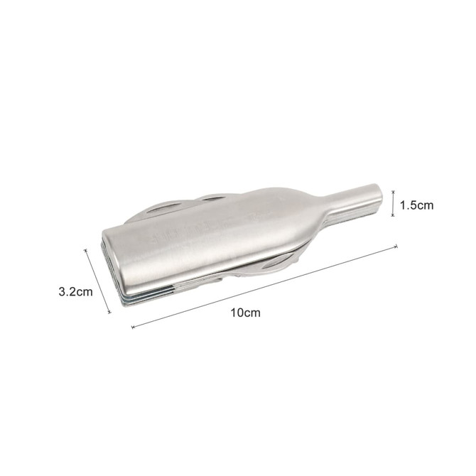 A stainless steel wine bottle opener features a sleek, streamlined design with multiple functions. It includes a logo.