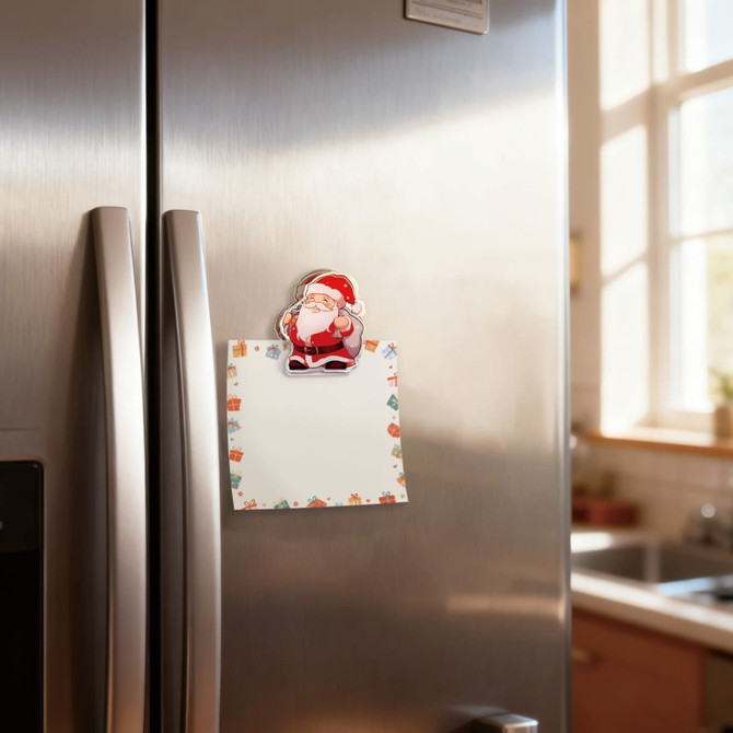 A custom-shaped acrylic magnetic clip in the design of Santa, holding a blank notepad, on a stainless steel fridge.