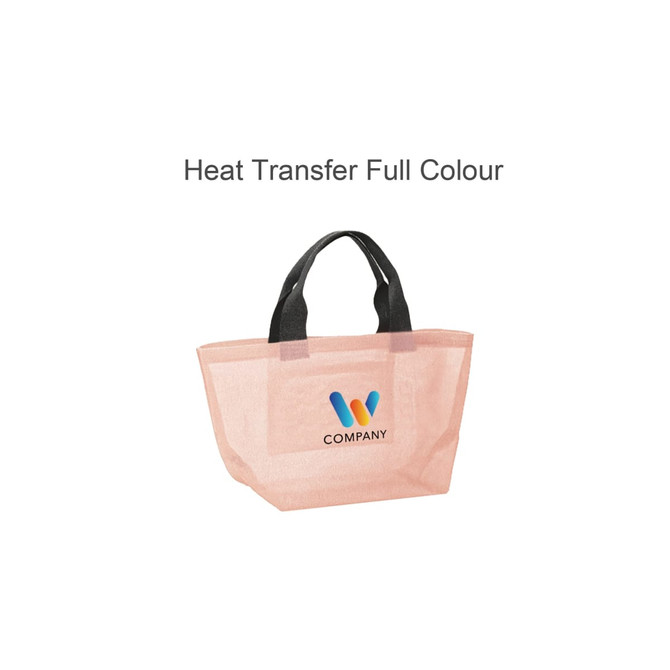 A premium small mesh beach tote bag in peach with black handles and a logo design on the front.