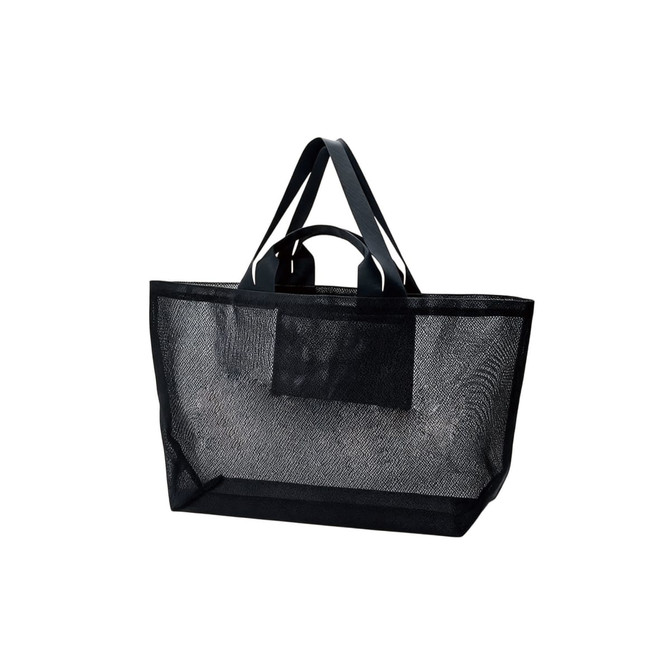 A black mesh tote bag with two handles and an open design. Features a small pocket and a logo.