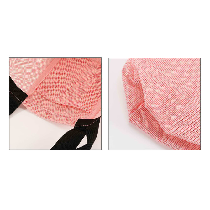 A pink mesh tote bag with black straps, featuring a spacious interior and textured design. It includes a logo.