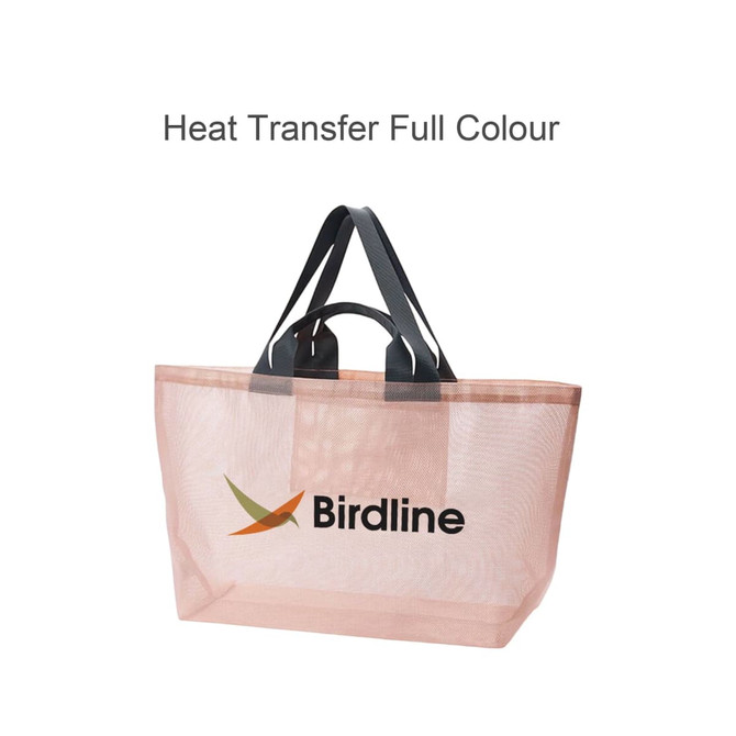 A large, peach mesh tote bag with black straps and a logo on the front.