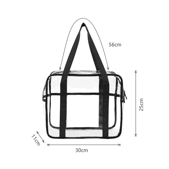 A clear tote hand bag with black accents, featuring two sturdy handles and zipper closure. Dimensions are 56cm x 30cm x 25cm.