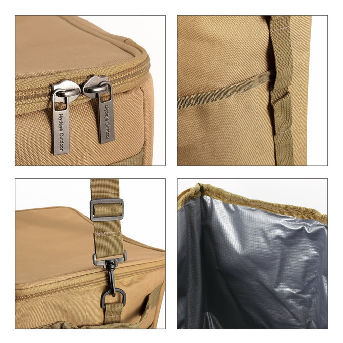 A foldable insulated cooler bag in tan with zippers, straps, and a silver interior. Features a logo on the side.