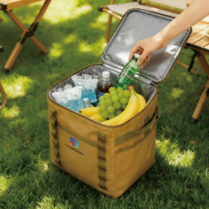 A foldable insulated cooler bag in beige with various drinks and fruits inside, featuring a logo on the front.