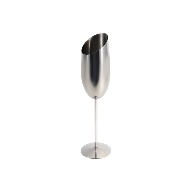 A stainless steel slanted champagne flute with a sleek, modern design. It features a circular base and a shiny finish.
