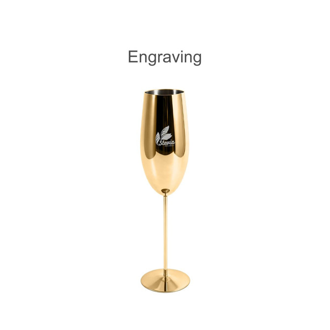 A gold stainless steel champagne flute with a sleek design and a logo on the side.
