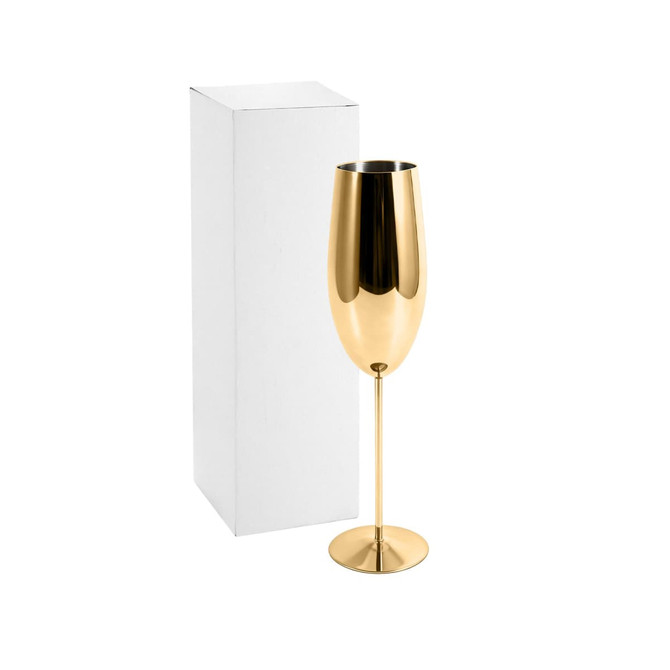 A stainless steel champagne flute in a shiny gold finish, next to a plain white box.