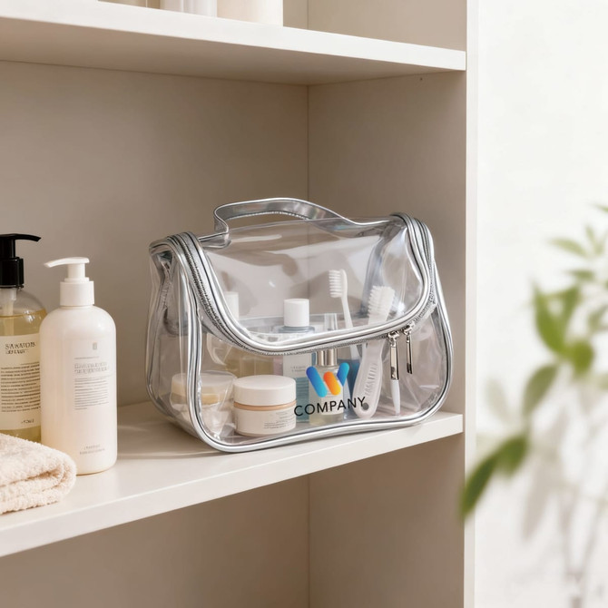 A transparent waterproof cosmetic bag in silver, filled with various skincare products, sits on a shelf.