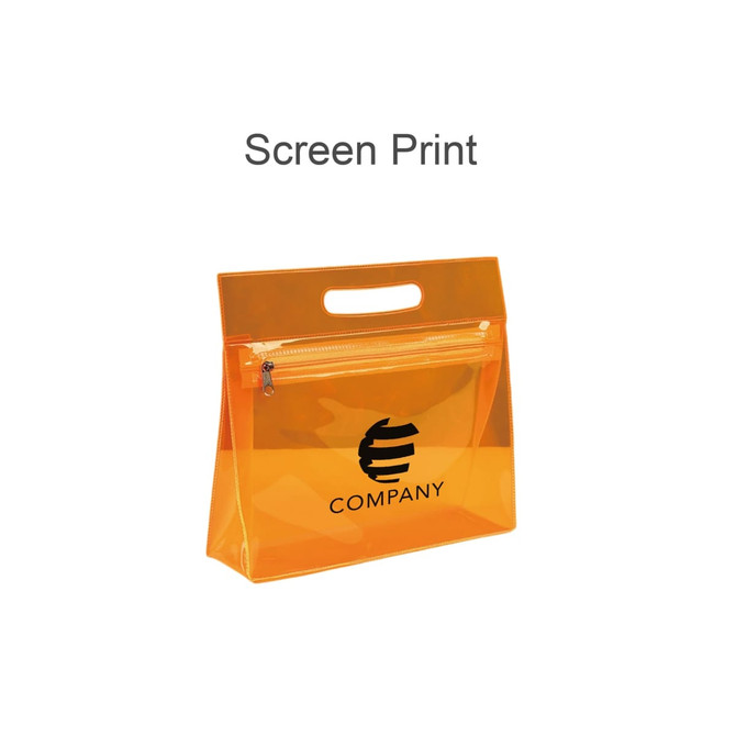 An orange transparent cosmetic pouch with a zippered compartment and a handle, featuring a logo design.