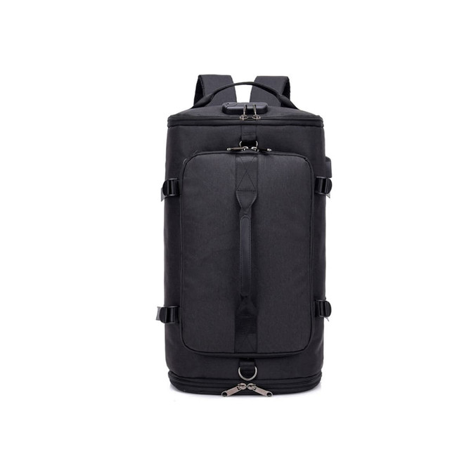 A black convertible bucket backpack duffel bag with multiple straps and a zipped compartment. It features a logo.