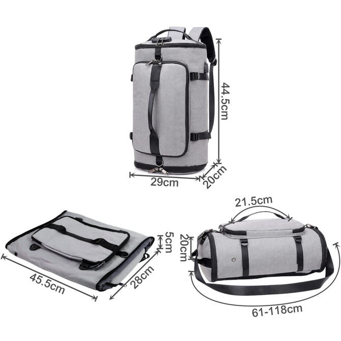 A grey convertible bucket backpack duffel bag, featuring adjustable straps and various dimensions for storage versatility.
