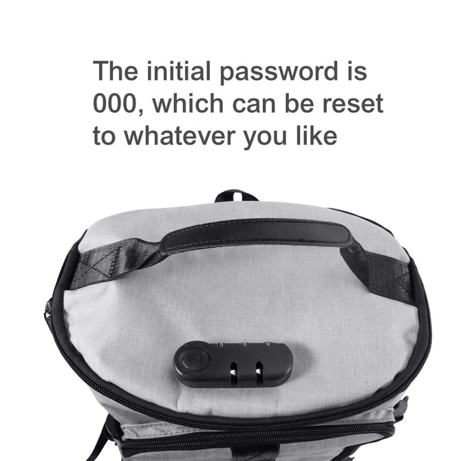 A grey convertible bucket backpack duffel bag with a zip closure and a combination lock. It features a logo.