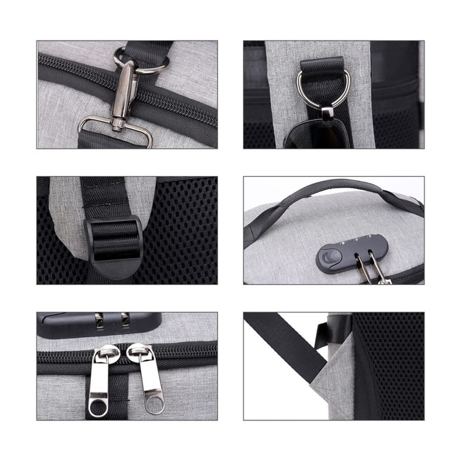 A grey convertible bucket backpack duffel bag featuring various clips, zippers, and mesh details. It has a branding logo.