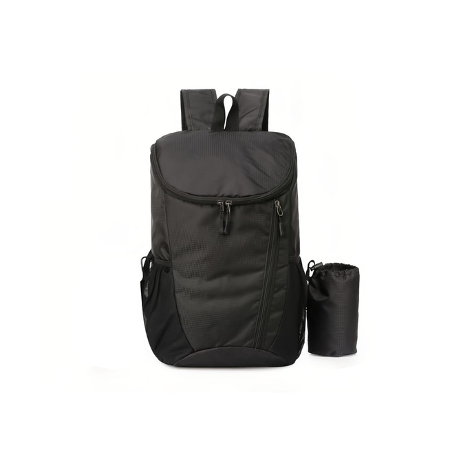 A packable travel backpack in black, featuring multiple compartments and a small pouch for storage.