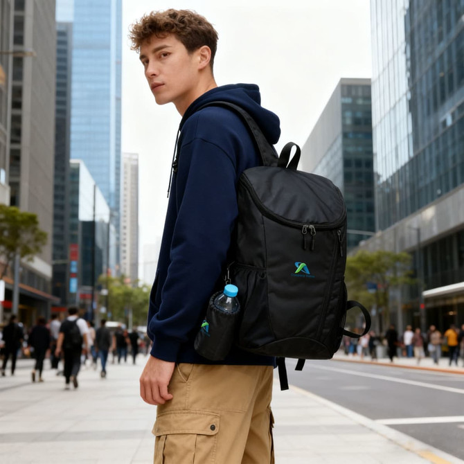 A young person wearing a navy hoodie stands outdoors with a black packable travel backpack and a drink bottle attached.