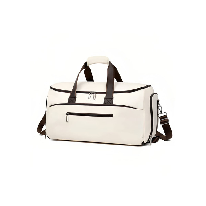 A cream-coloured convertible backpack duffel garment bag with brown accents and multiple zippered compartments.