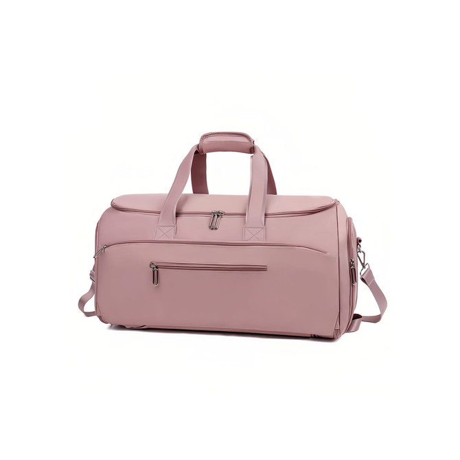 A pink convertible backpack duffel garment bag with two handles, a detachable strap, and a front zip pocket.