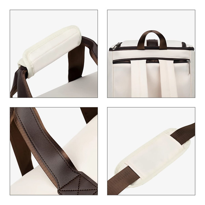 A cream and brown convertible backpack duffel garment bag, featuring padded handles and adjustable straps.