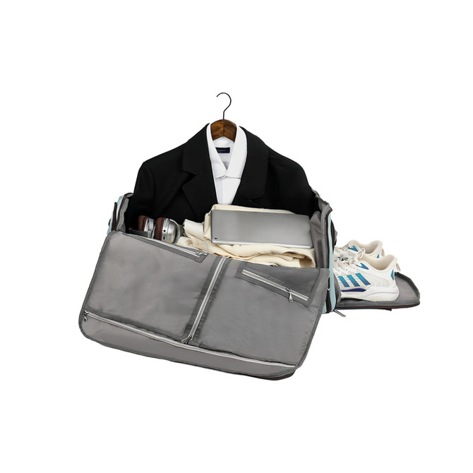 A grey convertible backpack duffel garment bag, partially open, displaying clothing, shoes, and various items inside.