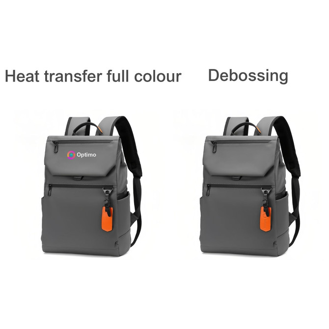 A grey Flap Laptop Backpack featuring a logo and an orange tag, displayed in two styles: heat transfer and debossing.