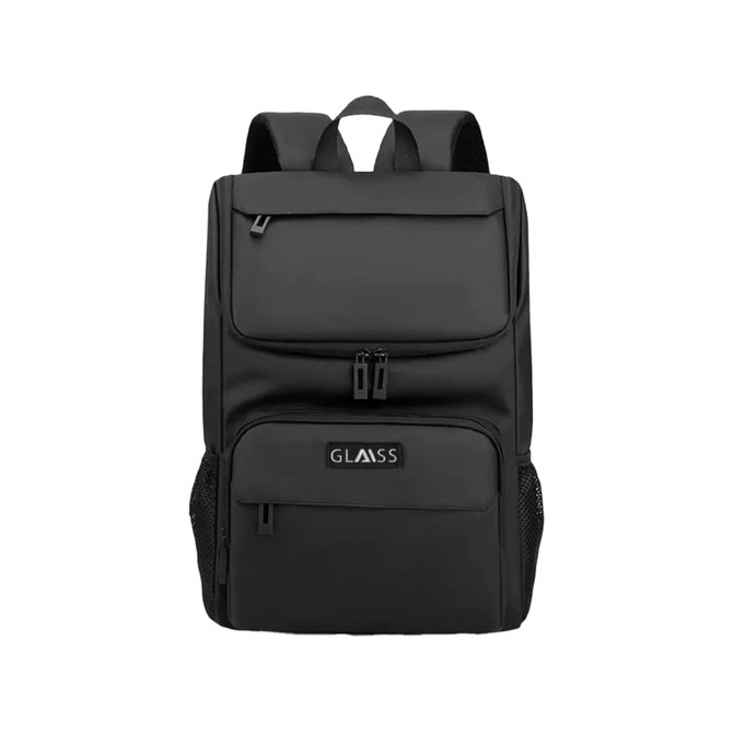 A black business laptop backpack featuring multiple compartments and a side mesh pocket. It has a logo on the front.