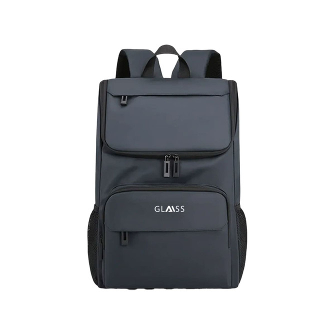 A dark grey business laptop backpack featuring multiple zippered compartments and mesh side pockets. It has a logo on the front.
