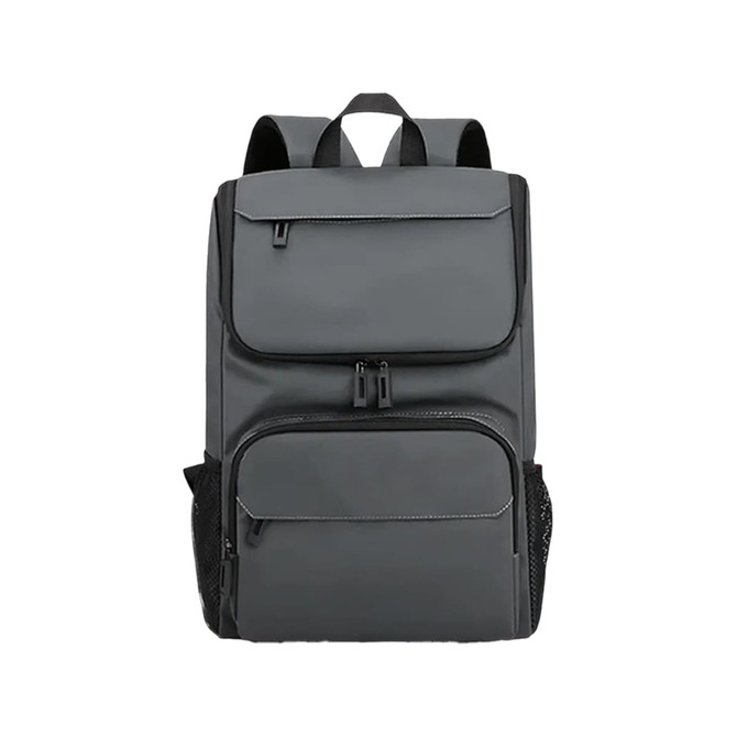 A grey business laptop backpack with multiple compartments and a mesh side pocket. It features a logo on the front.