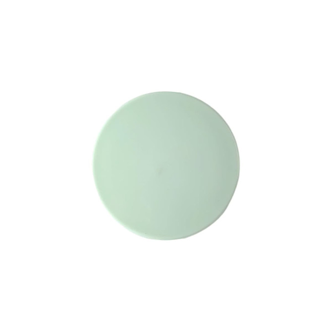 A round mirror with a pale green surface, featuring a smooth edge and a reflective back. It has branding on the back.