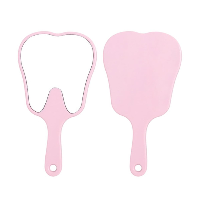 A tooth-shaped face mirror in pink with a handle, featuring a reflective surface on one side.