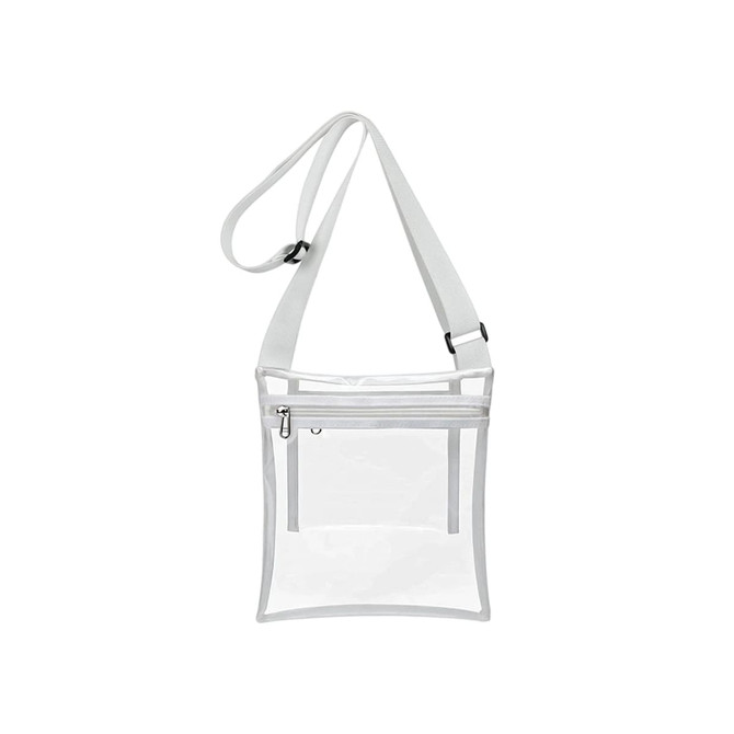 A clear PVC crossbody bag with a white strap and an inner pouch, featuring a zip closure and adjustable strap.
