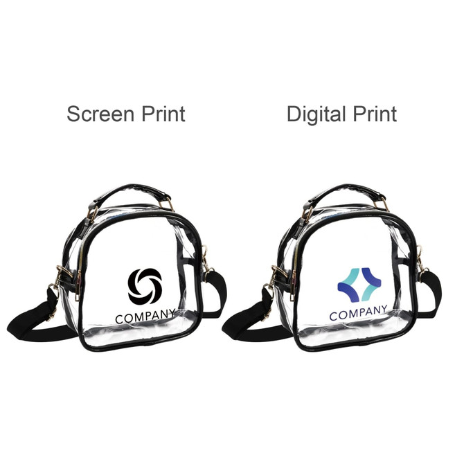 A clear PVC crossbody bag with black trim, featuring two variations of branding on the front.
