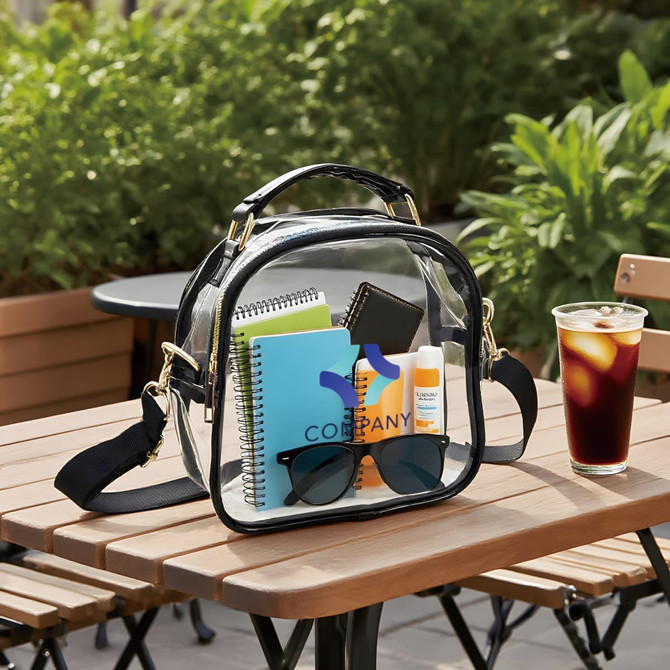 A clear PVC crossbody bag in black, containing notebooks, sunglasses, and other items, placed on a table.