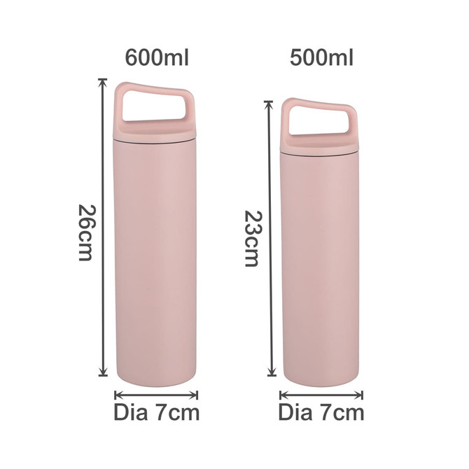 A drink bottle in pink with a handle, available in 500ml and 600ml sizes, featuring a sleek design.