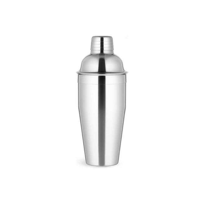 A stainless steel cocktail shaker with a polished silver finish and a threaded cap. It features a logo.