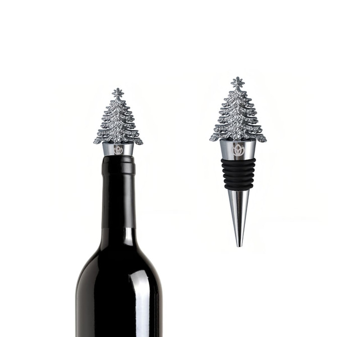 A drink bottle with a silver Christmas tree wine stopper, featuring a sleek metal design and a black rubber seal.