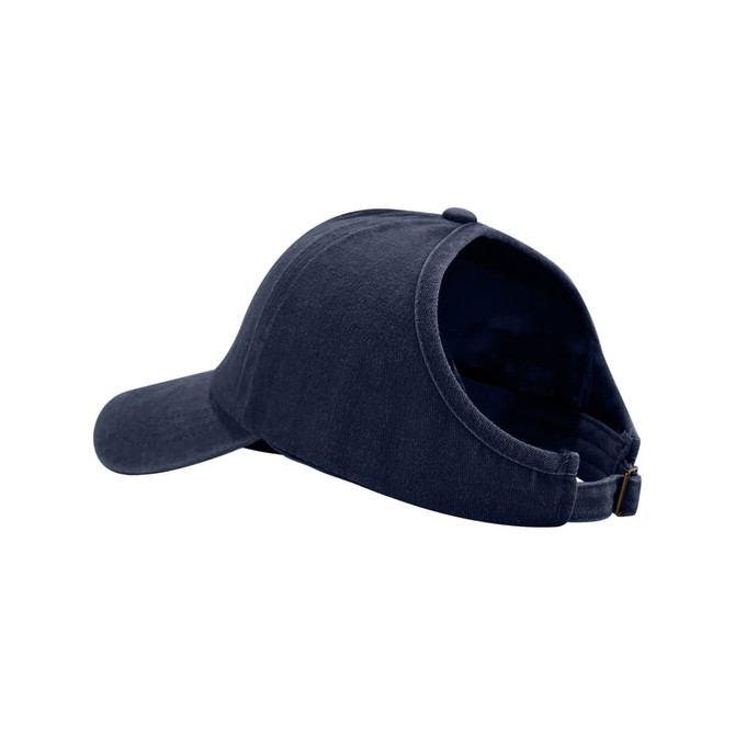 A navy Ponytail Top Hat with an open back for ponytails, featuring a curved visor and a logo.