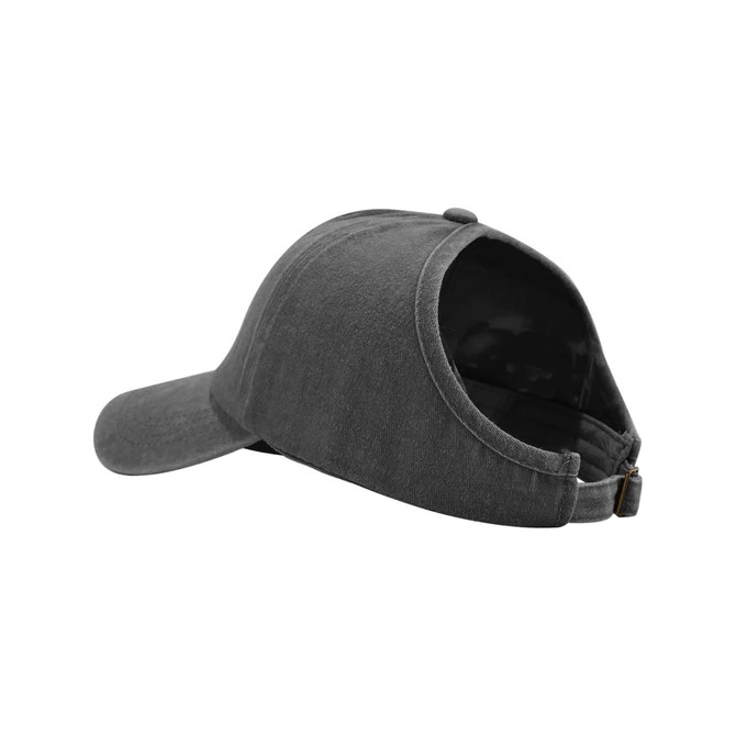 A grey ponytail top hat with an open back design, featuring a curved brim and an adjustable strap.