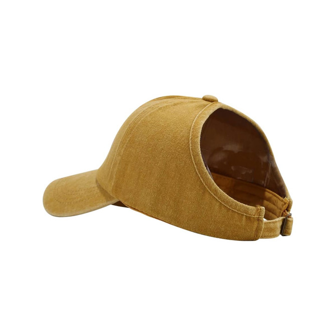 A brown ponytail top hat with an open back design, featuring a logo on the side.