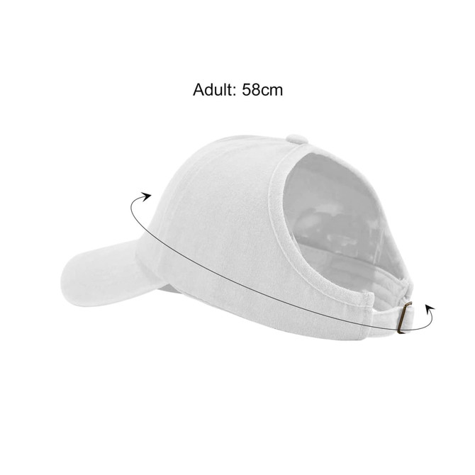 A white cap with an adjustable strap at the back, featuring a classic design and a branded logo.