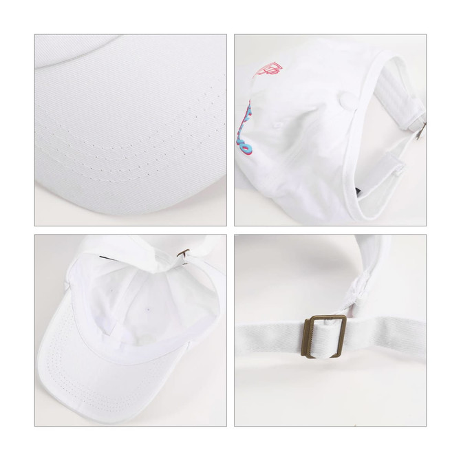 A white ponytail top hat with detail on the brim and adjustable strap, featuring a logo.