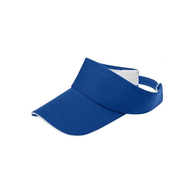 A blue sandwich sun visor with a wide brim and adjustable strap, featuring a logo on the front.