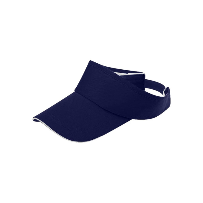 A navy blue sun visor with a wide brim and an adjustable band at the back, featuring a logo.